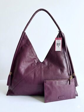 NEW Vince Camuto Liann Leather Hobo Bag Dark Zinnia Purple Braided Handle Purse
